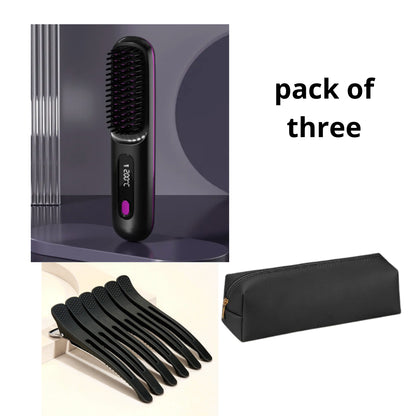 2 in 1 Straight Hair Comb Wireless Hair Straightener Brush Hair Fast Heating Portable Hot Curler USB Charging