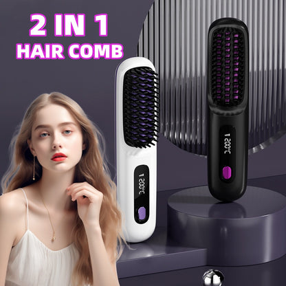 2 in 1 Straight Hair Comb Wireless Hair Straightener Brush Hair Fast Heating Portable Hot Curler USB Charging